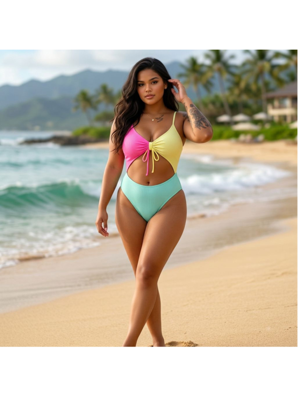 CUTOUT One Piece Swimsuit Pink Yellow Mint Colorblock Adjustable Large Festival